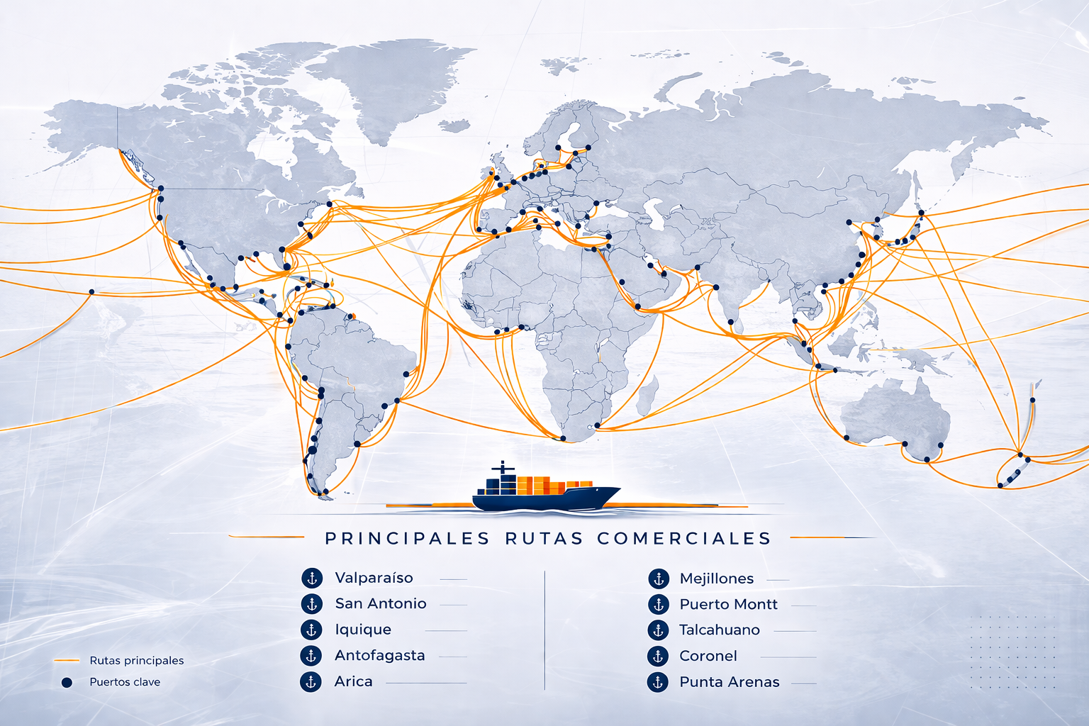 Rutas comerciales globales y puertos claves 